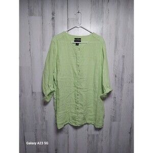 Tahari 3X Lime Green 100% Linen Button Front Long Sleeve Roll Tab Tunic Top